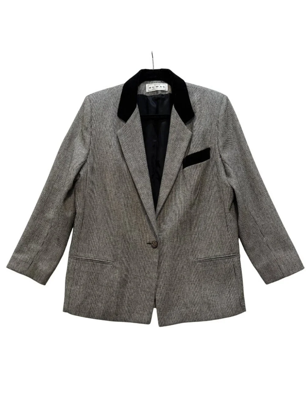 Vintage 1980s Houndstooth Wool Blazer Size 10P Velvet Collar Black White Regency - Picture 1 of 8